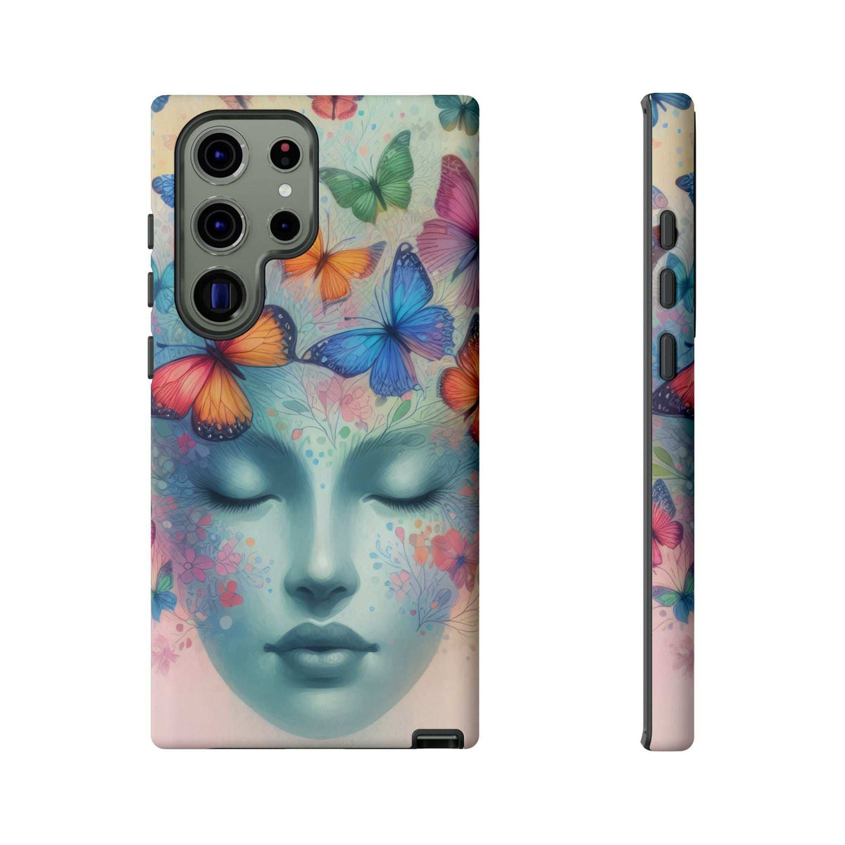 Phone case with pastel blue woman face and colorful butterfly graphic, side ports visible.