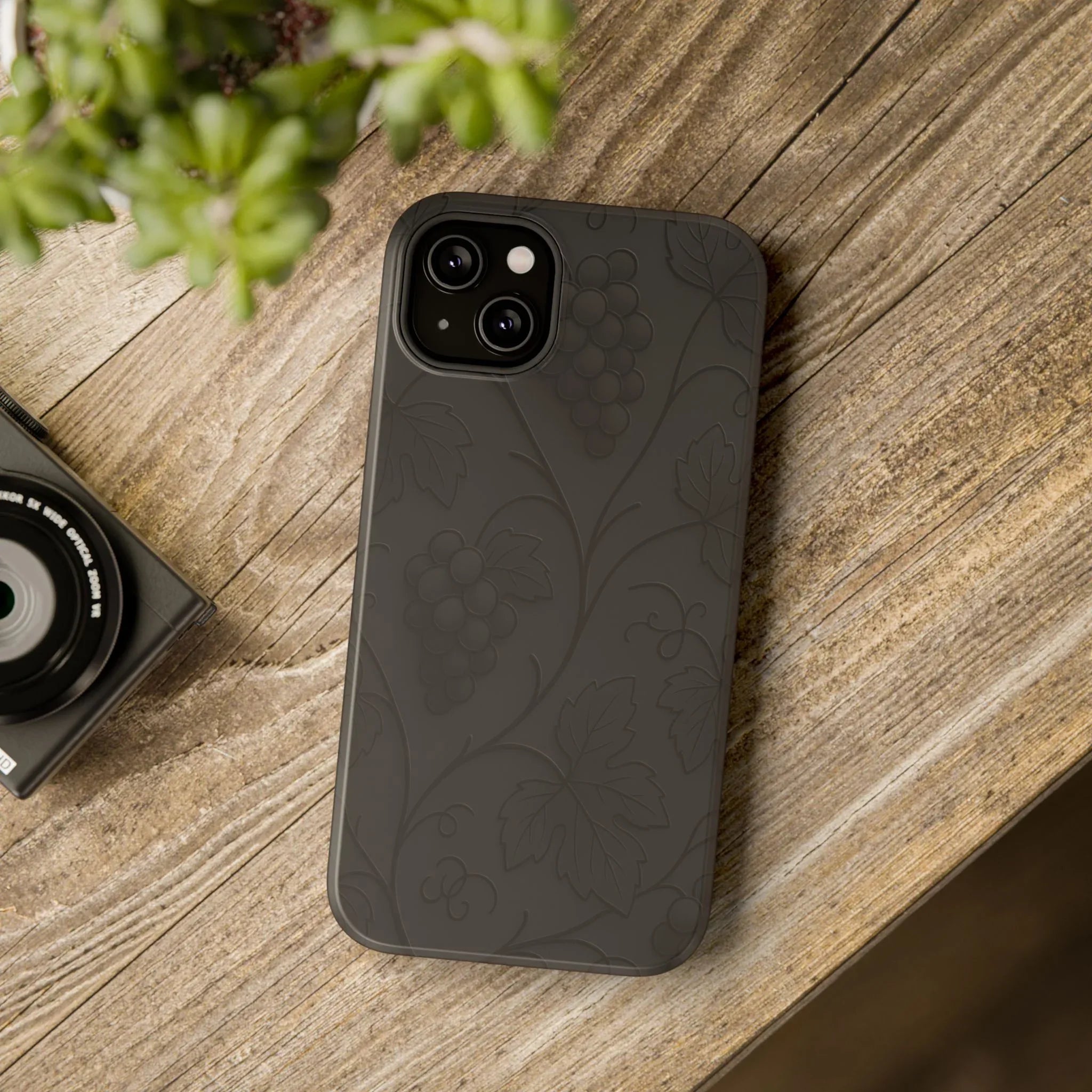 Elegant Embossed Grape Leaf Black Phone Case for iPhone and Galaxy - KARARMDESIGN