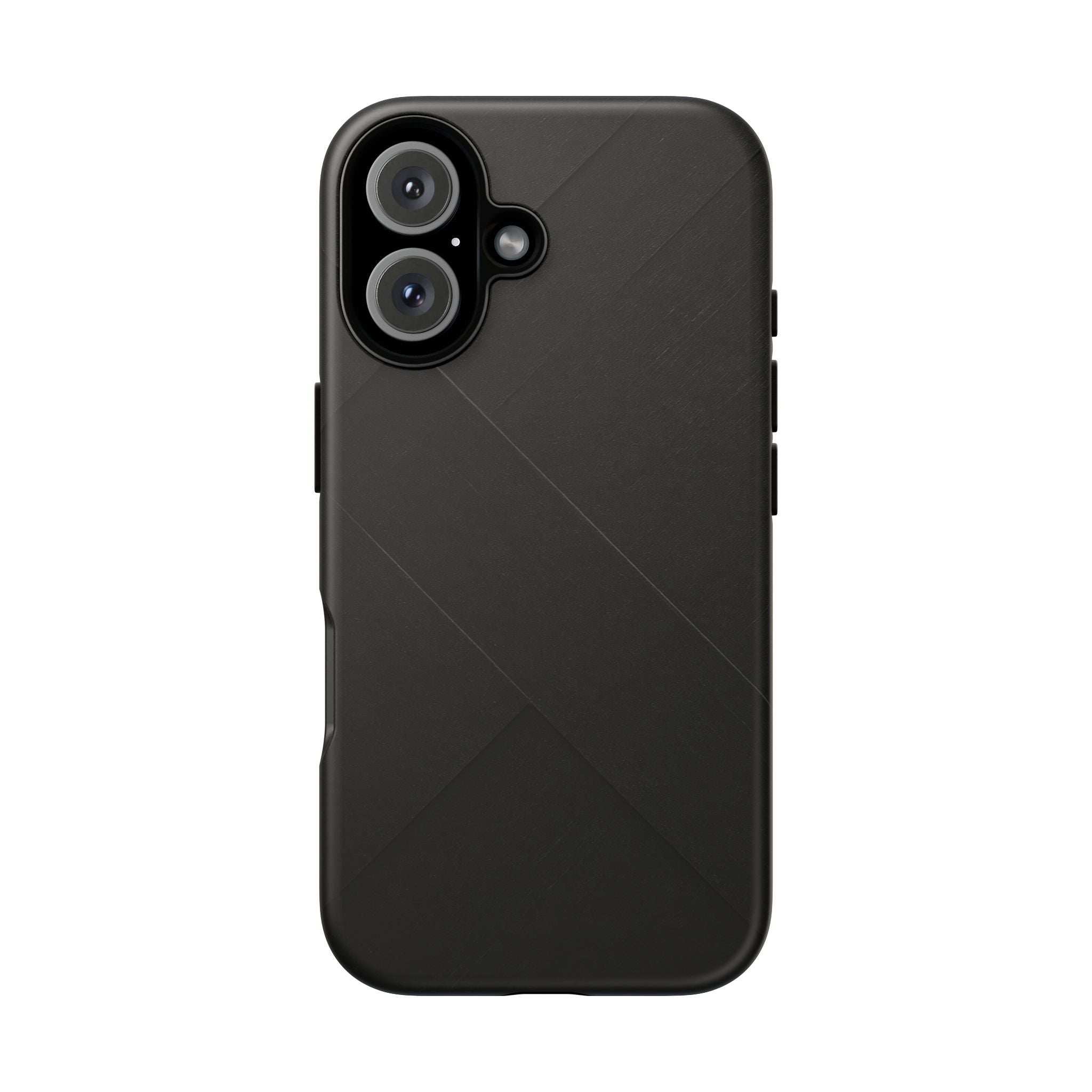 Matte black phone case featuring diagonal line pattern and camera lens openings
