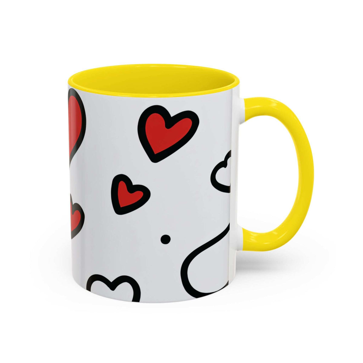 White ceramic mug with yellow rim and handle, scattered heart print with black accents