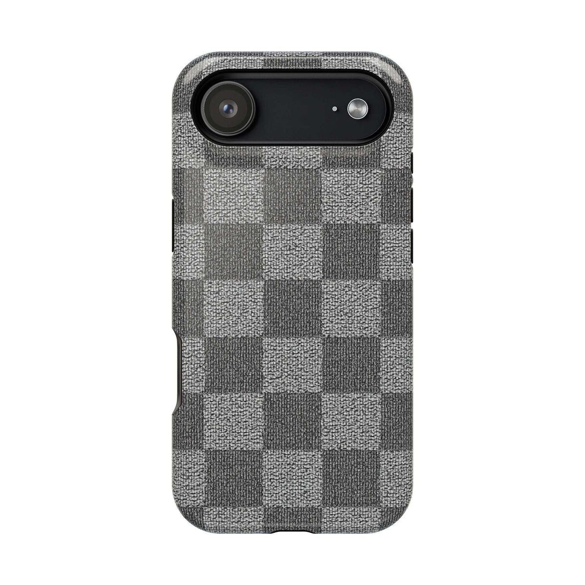 Gray checkered phone case with single-camera top bar and flash dot