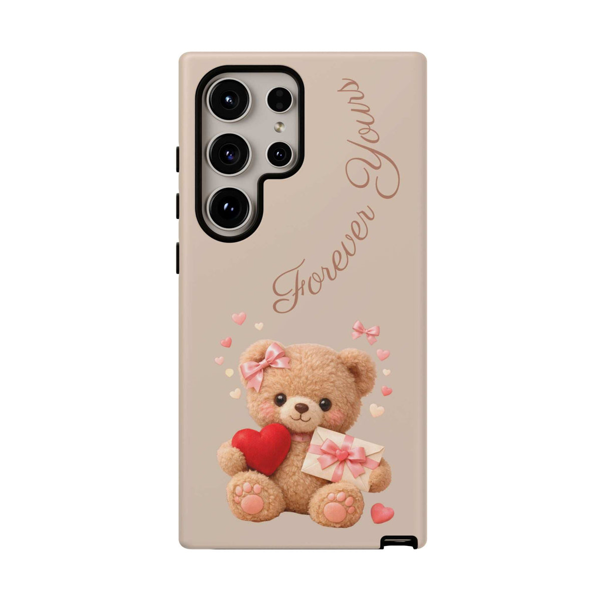 Beige phone case with teddy bear holding a red heart and pink gift graphic
