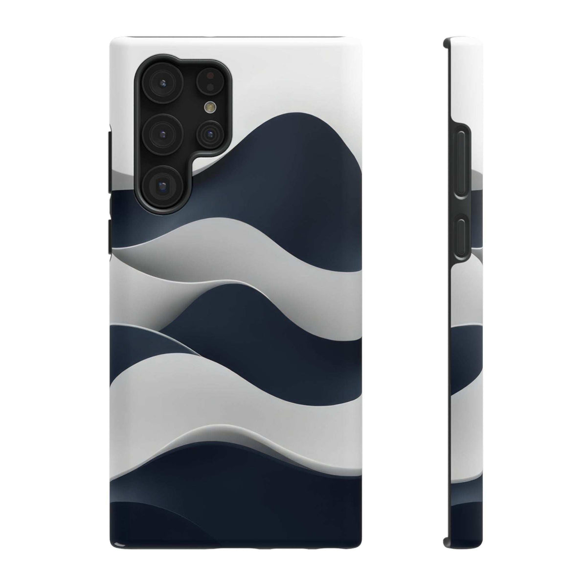Glossy phone case with navy and white wave pattern; raised camera bump and protective edges