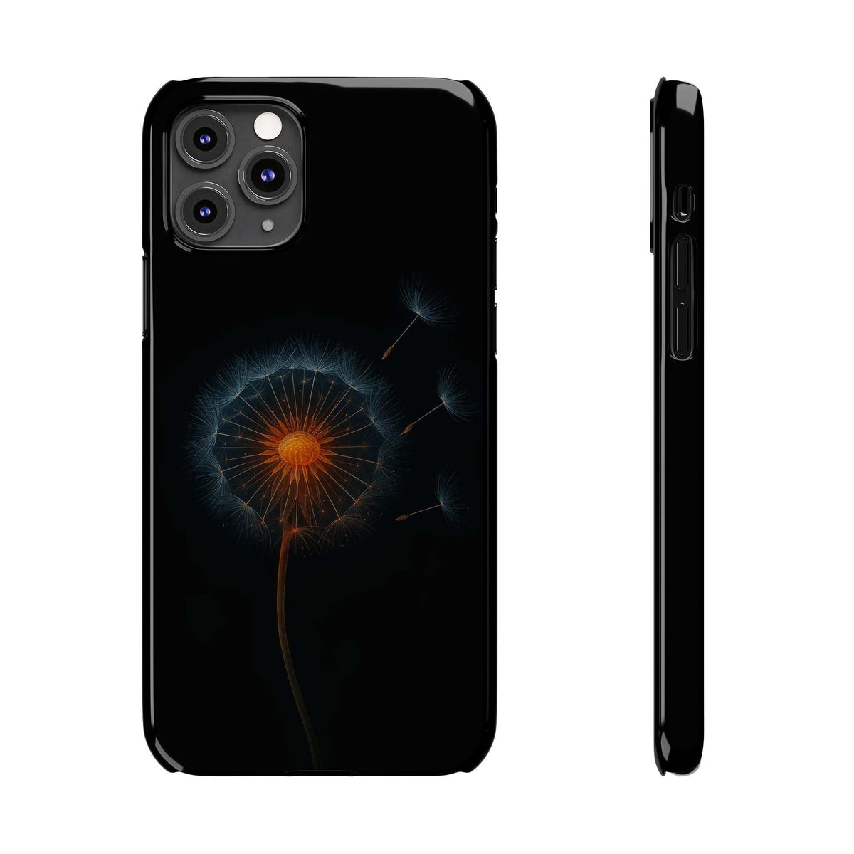 Black phone case with glowing dandelion, camera module cutouts and side profile