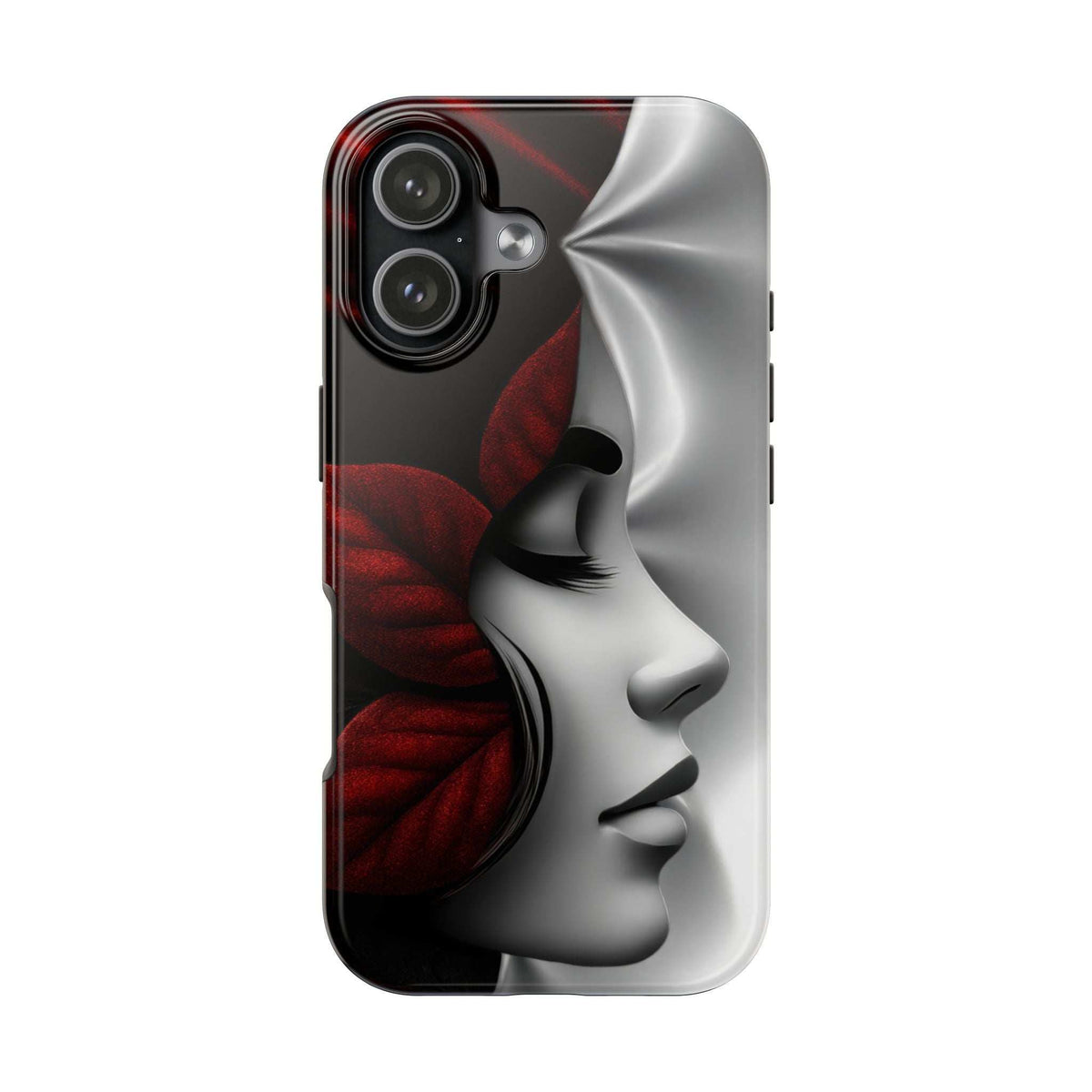 Phone case for iPhone & Galaxy, side-profile face art in red/gray, camera cutouts
