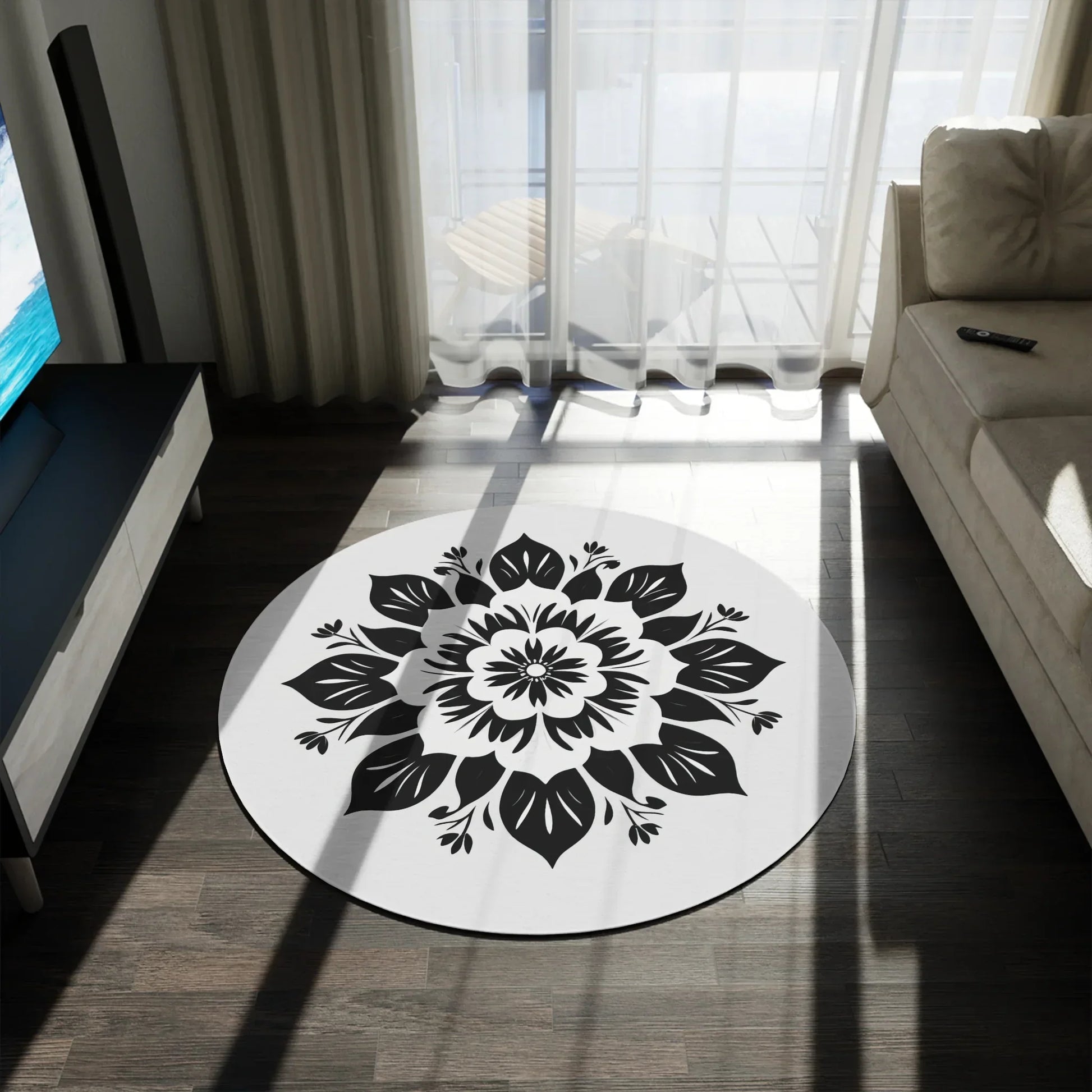 Round Rug with Intricate Black Mandala Pattern - KarArmDesign
