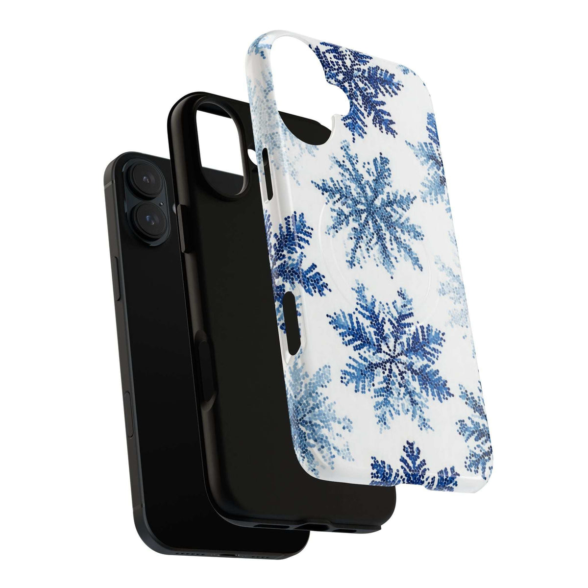 iPhone phone case with blue snowflake design, white background