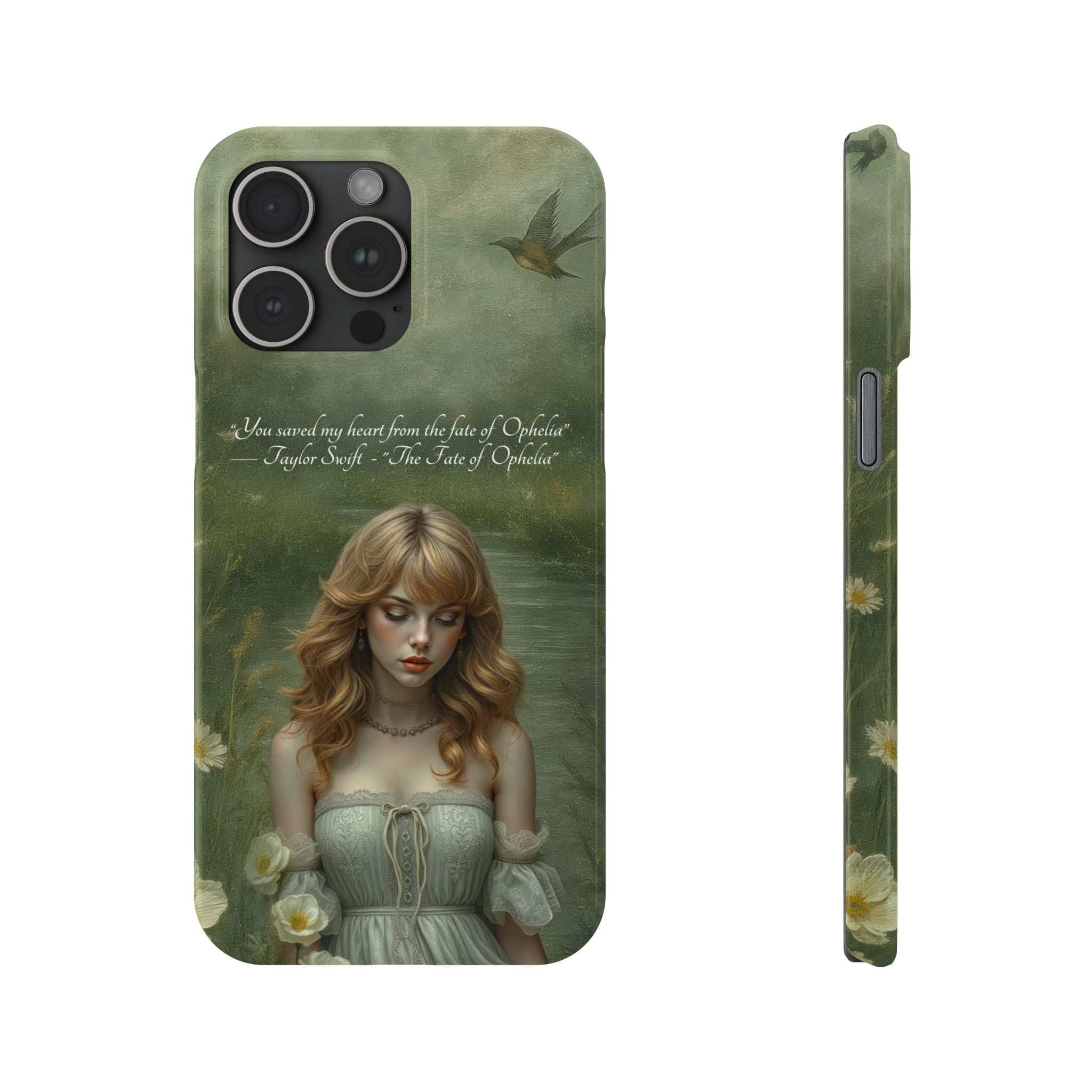 Green fantasy phone case with blonde portrait, flowers, and bird motif with side profile