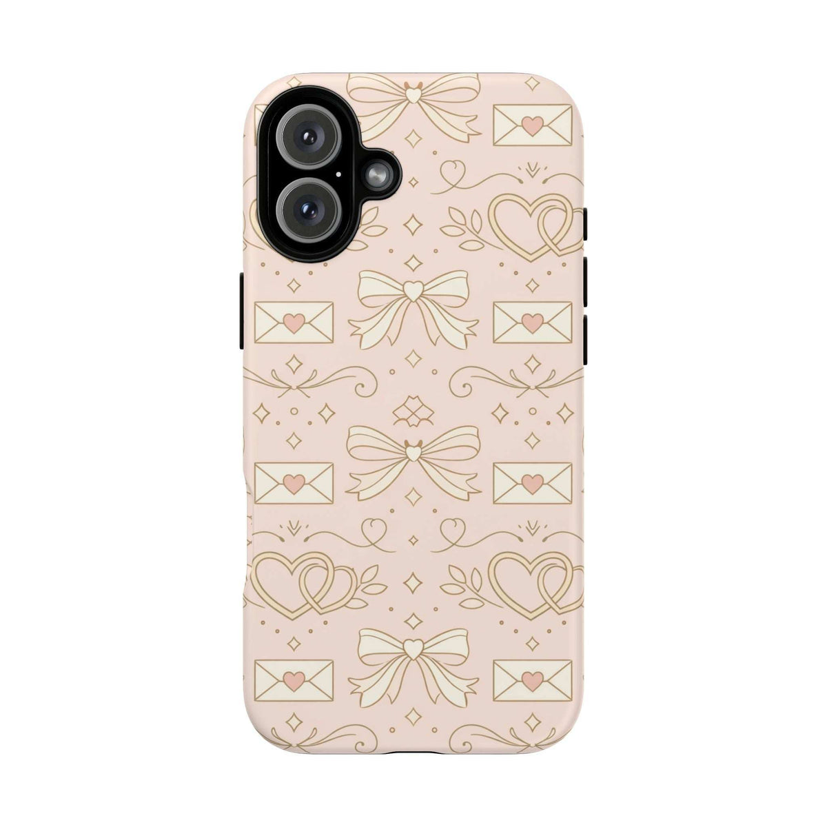 Light pink tough phone case showing hearts, bows, and envelopes; side edge button opening