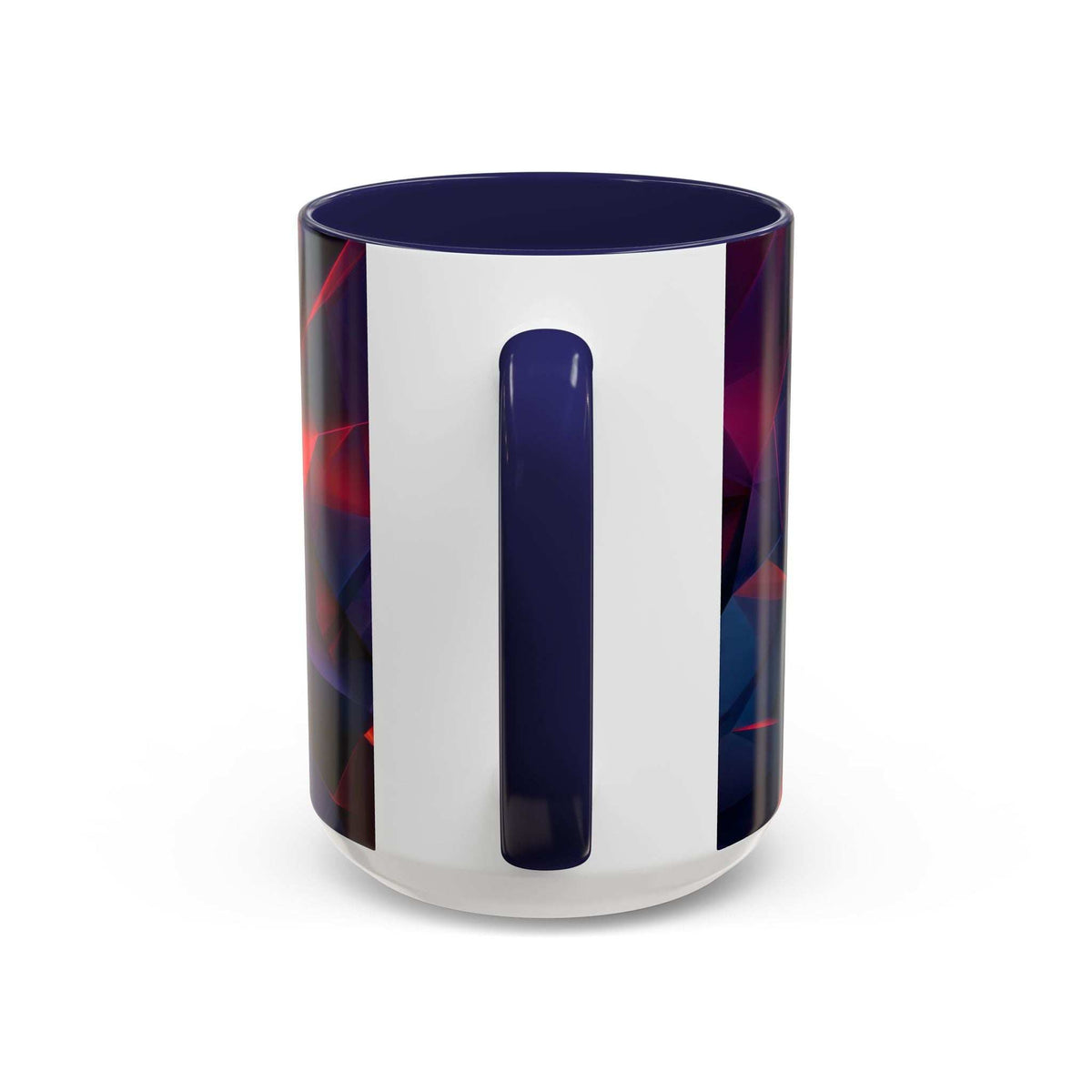 Ceramic mug with dark navy rim and handle, white body with dark geometric print stripe