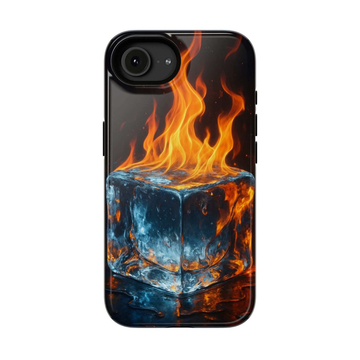 Flame and ice phone case with orange flames over dark blue cube graphic and camera cutouts