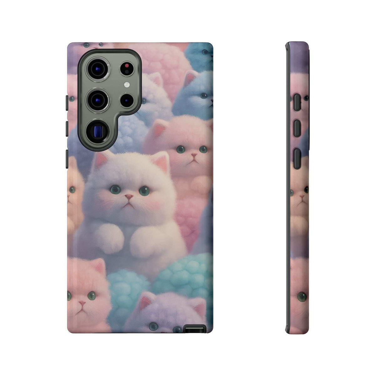 Pastel kitten phone case back with large camera module cutout, glossy finish