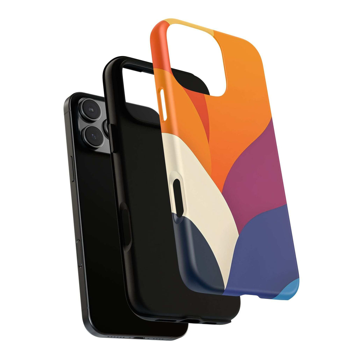 Phone case with orange and blue abstract shapes; camera and flash opening