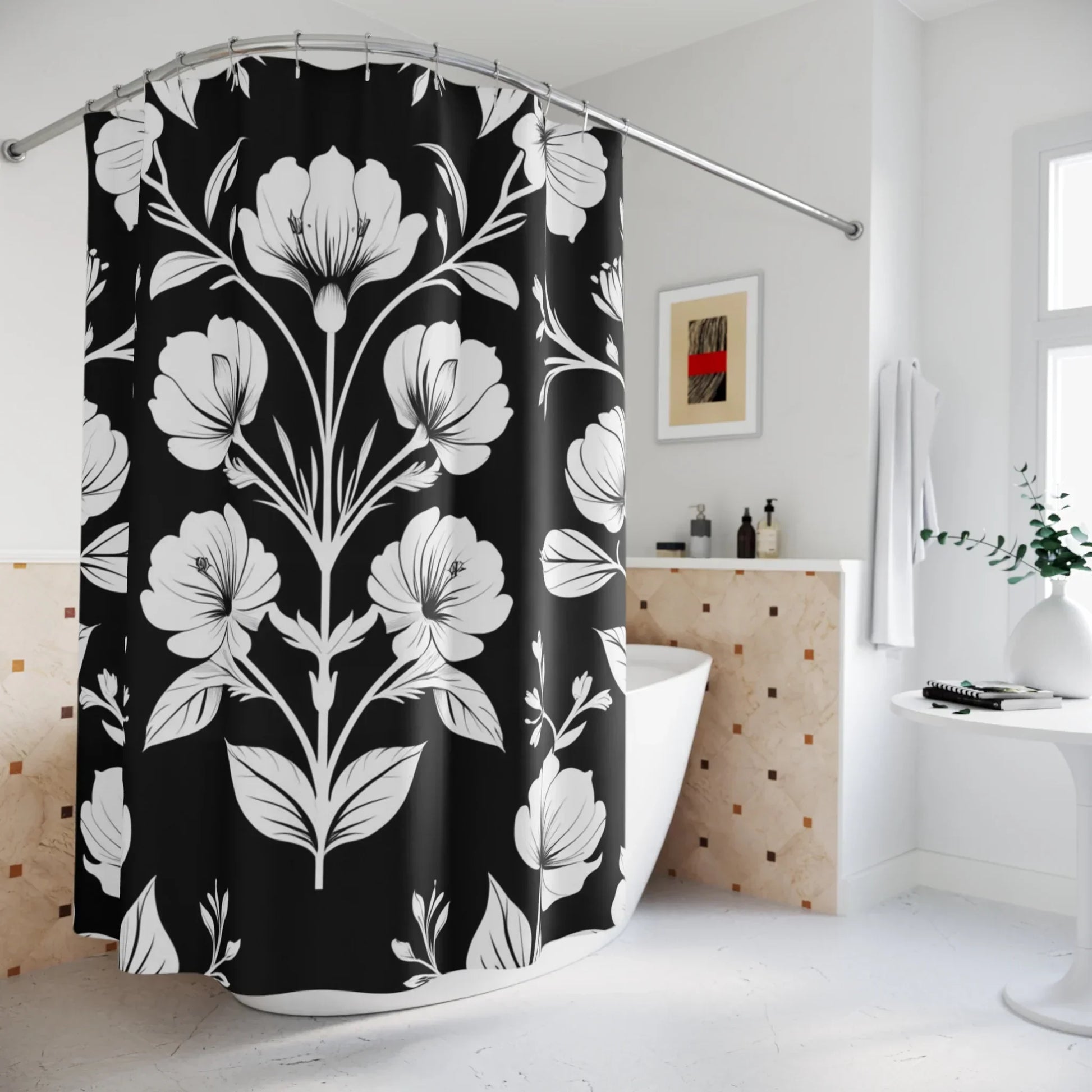 Elegant Black & White Floral Shower Curtains – Stylish Bathroom Decor - KarArmDesign