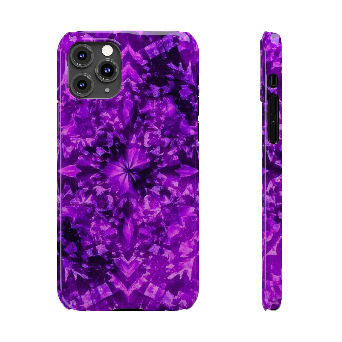 Purple kaleidoscope phone case front and slim side, starburst floral pattern