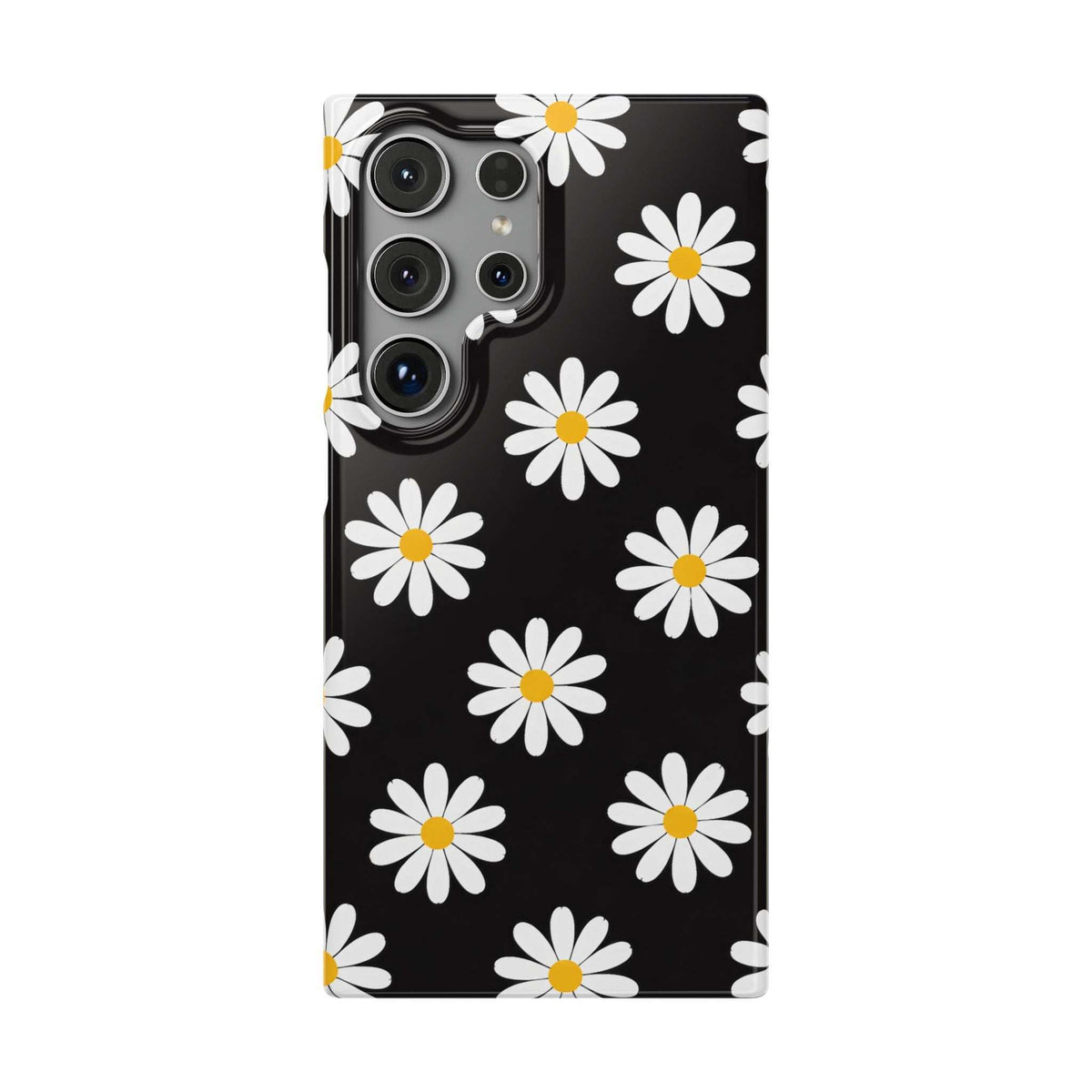 Black phone case with white daisies and yellow centers; multiple camera cutouts on left.