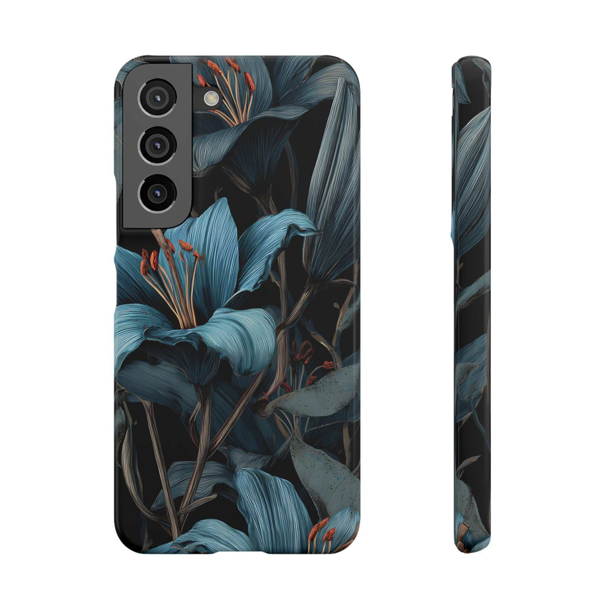 Phone case with dark blue floral and leaf design, with camera cutouts and side buttons