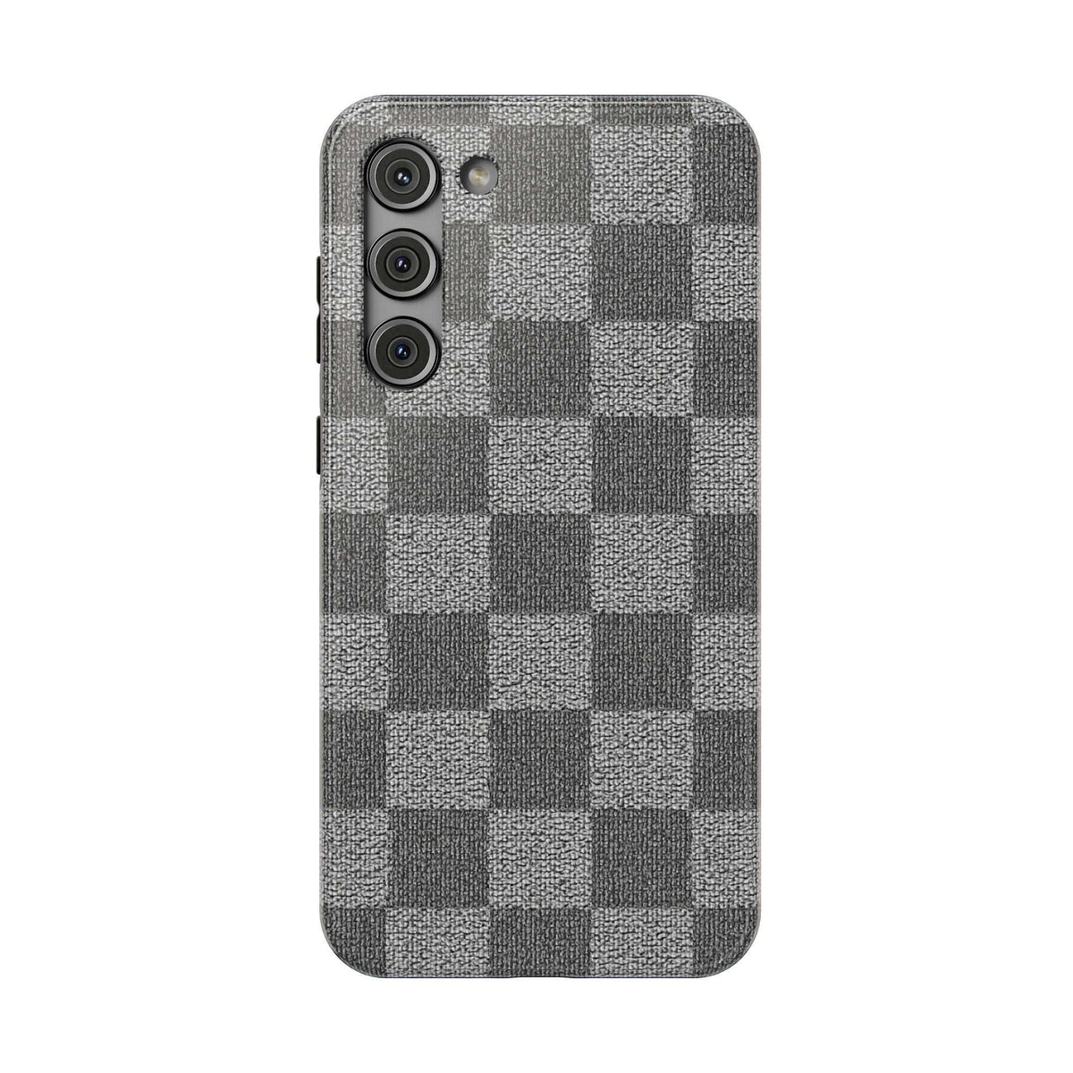 Gray checkered phone case with textured fabric and triple camera openings on back.