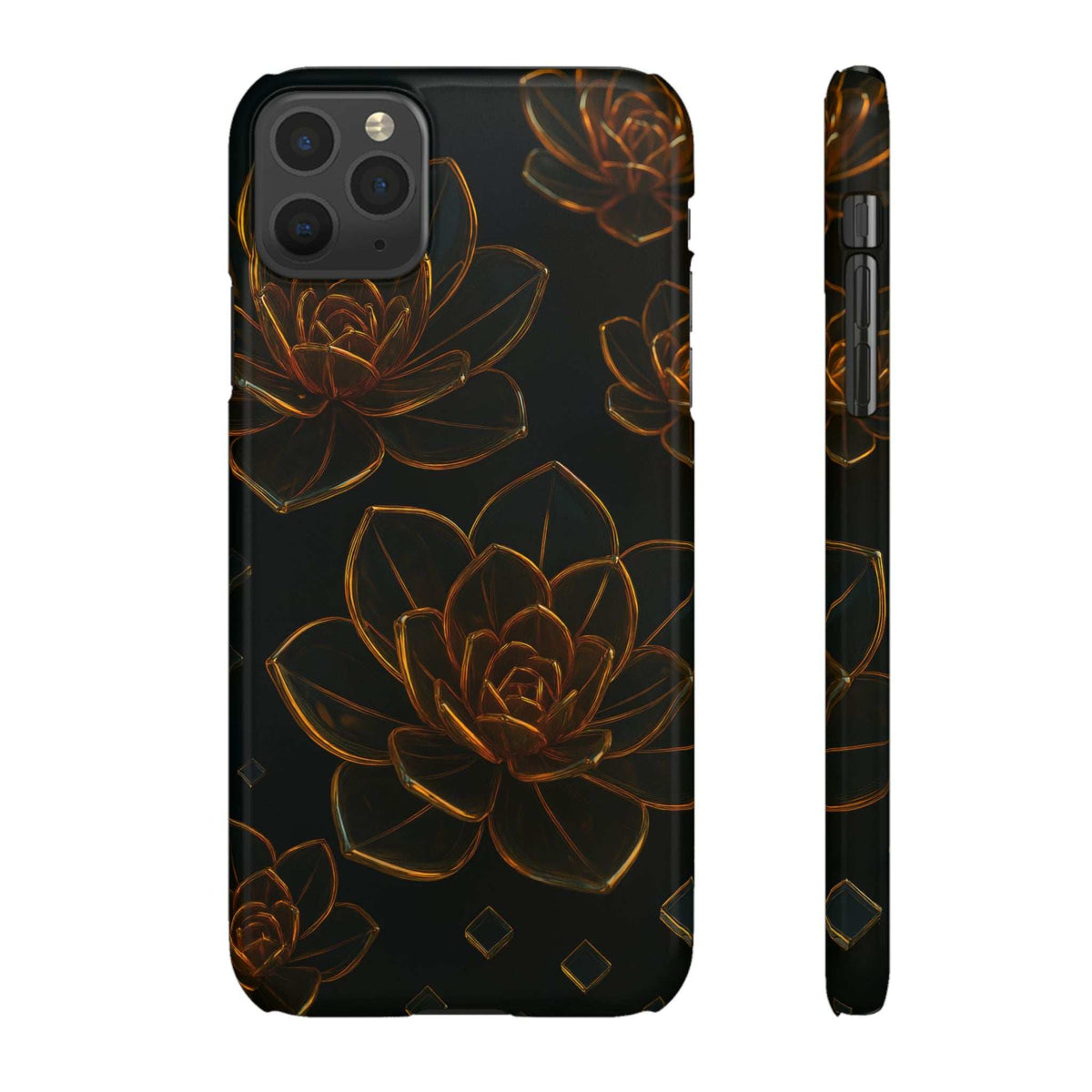 Glossy glass phone case, black with bronze floral line art; includes side edge view.