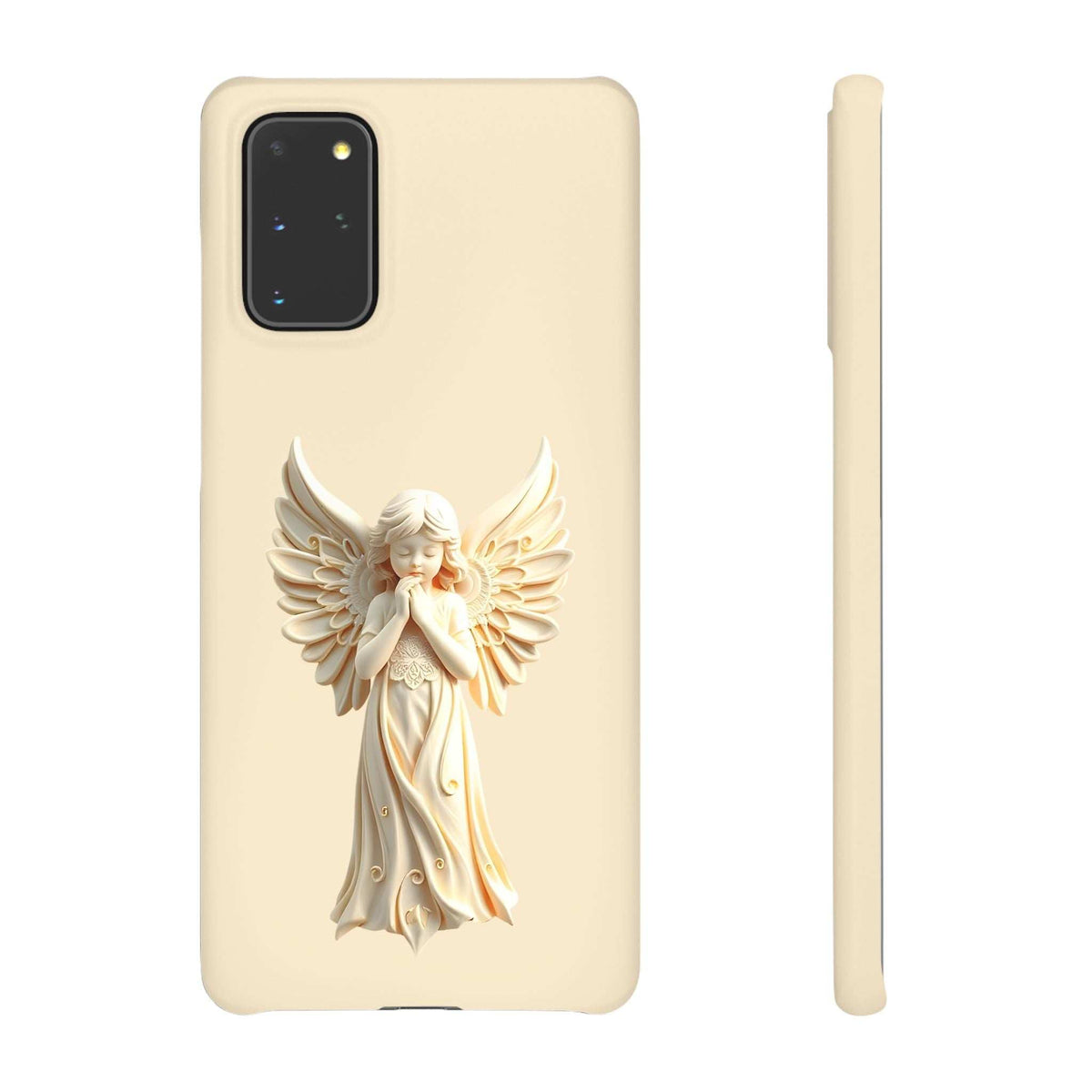 Beige phone case with angel figure design and camera cutout, angled side shows thickness