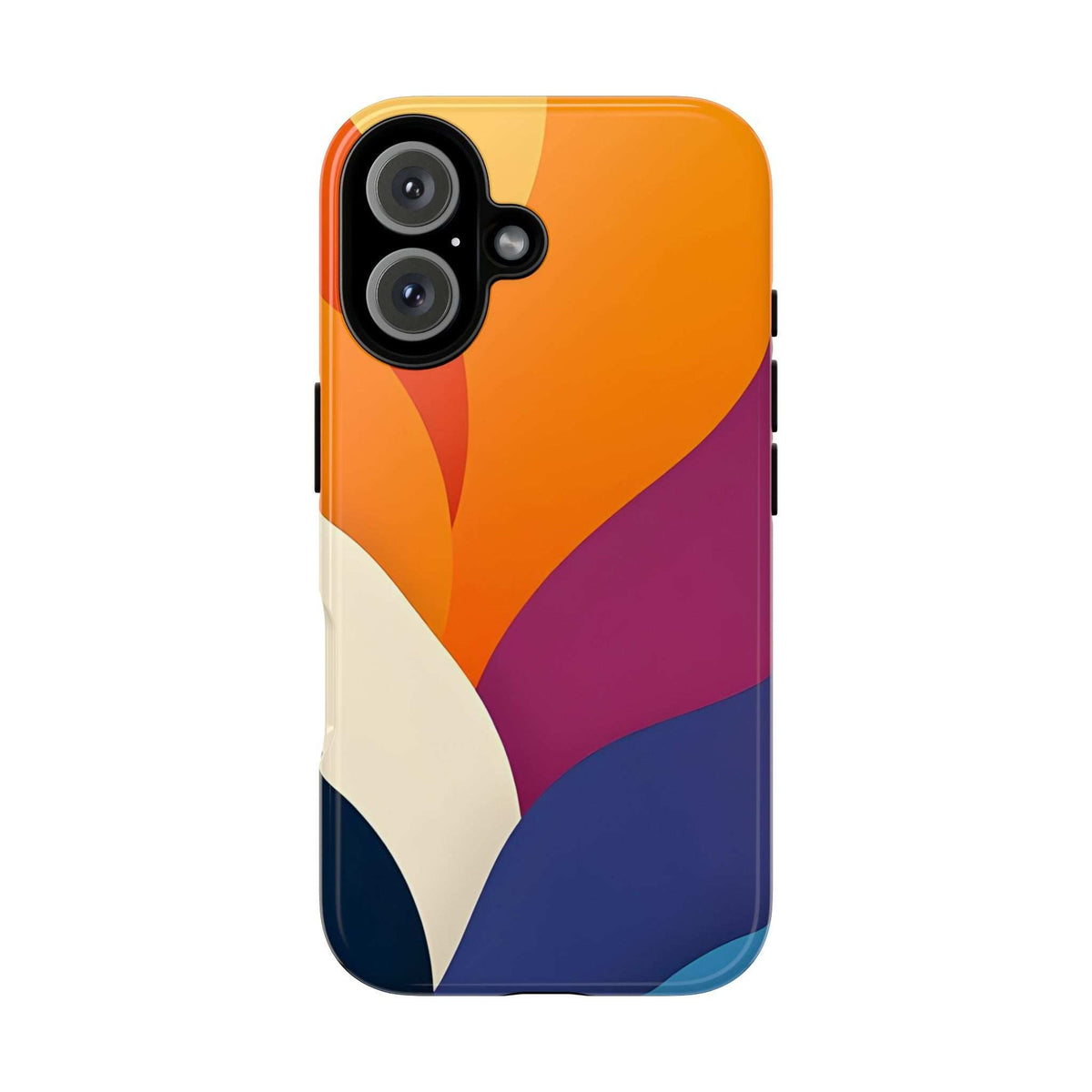 Abstract phone case with orange, purple, and blue curved shapes and white highlights