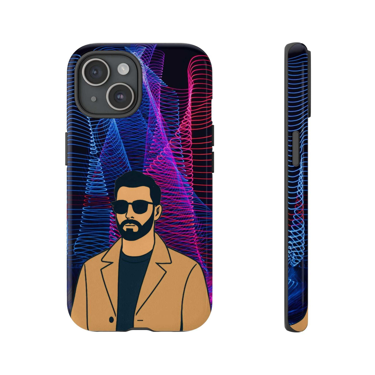 Glossy phone case front with bearded man illustration and neon blue/pink wavy lines