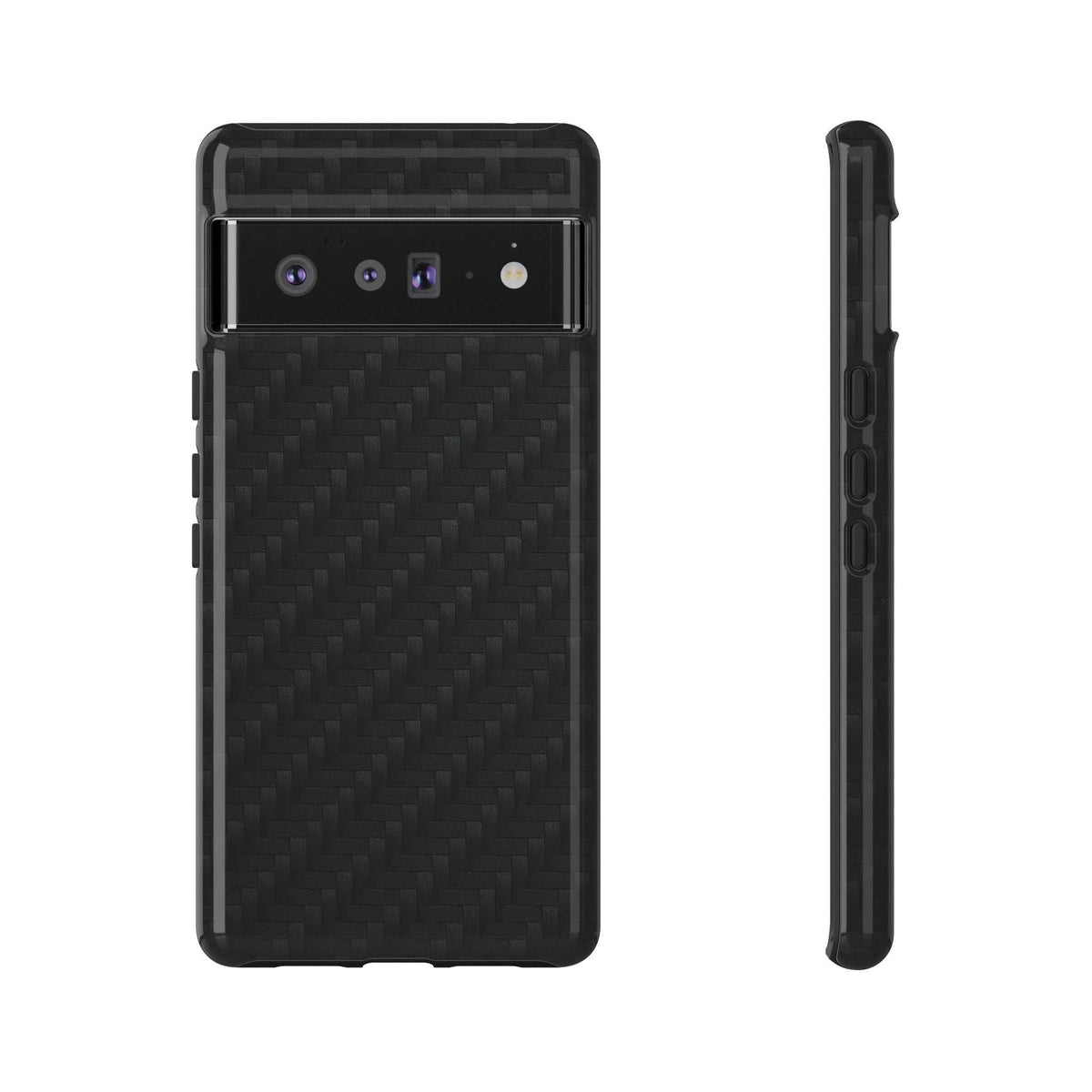 Black carbon fiber phone case back with port and camera cutouts, side view with buttons.