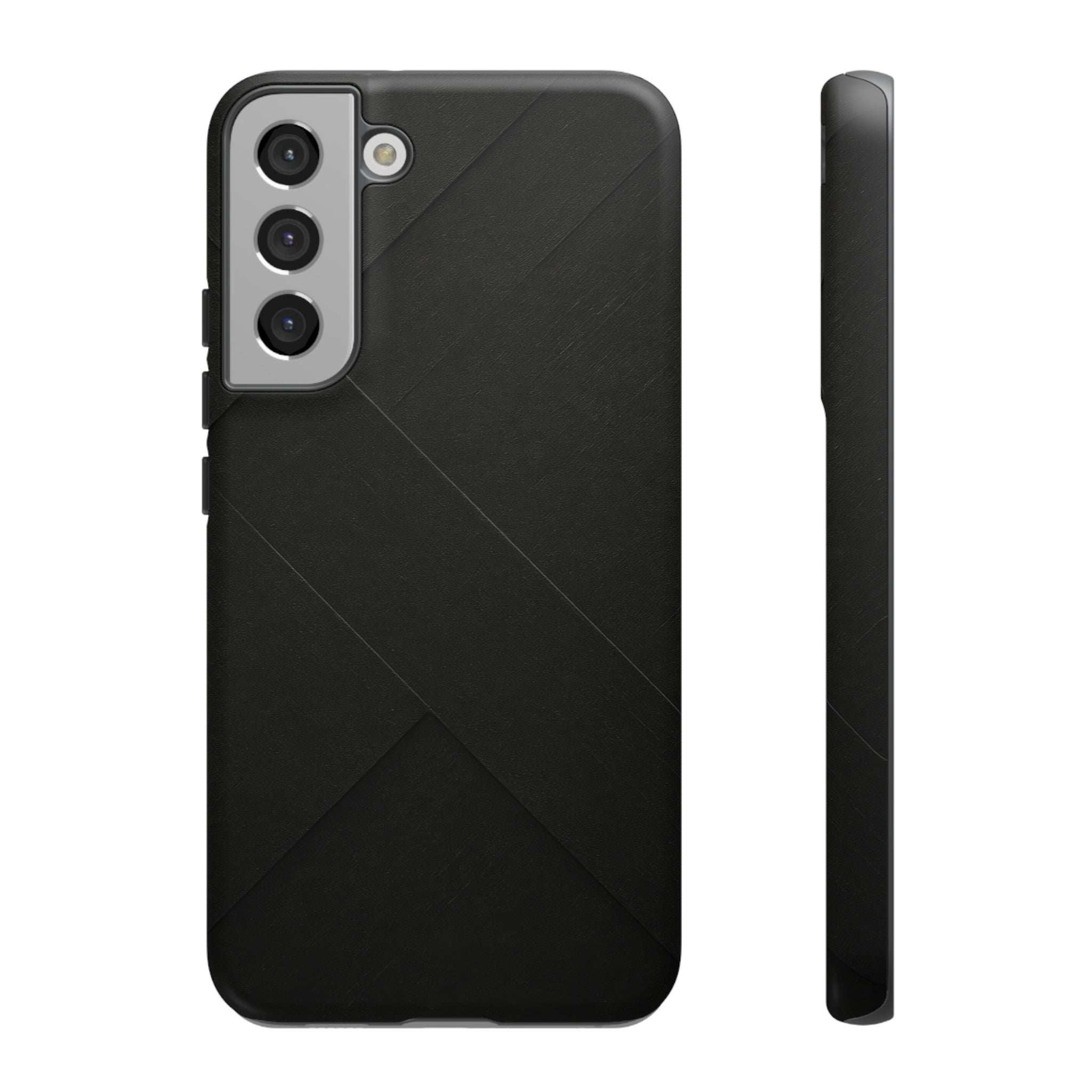 Matte black phone case with diagonal line pattern and raised triple camera cutouts