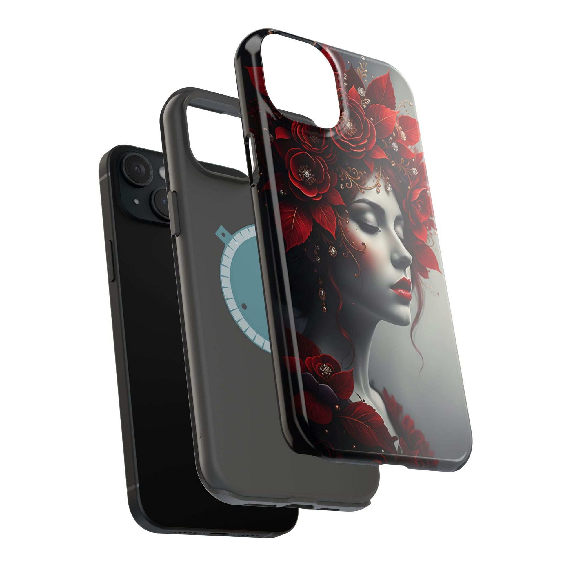 Portrait phone case with red flower design and girl face, black raised edges.