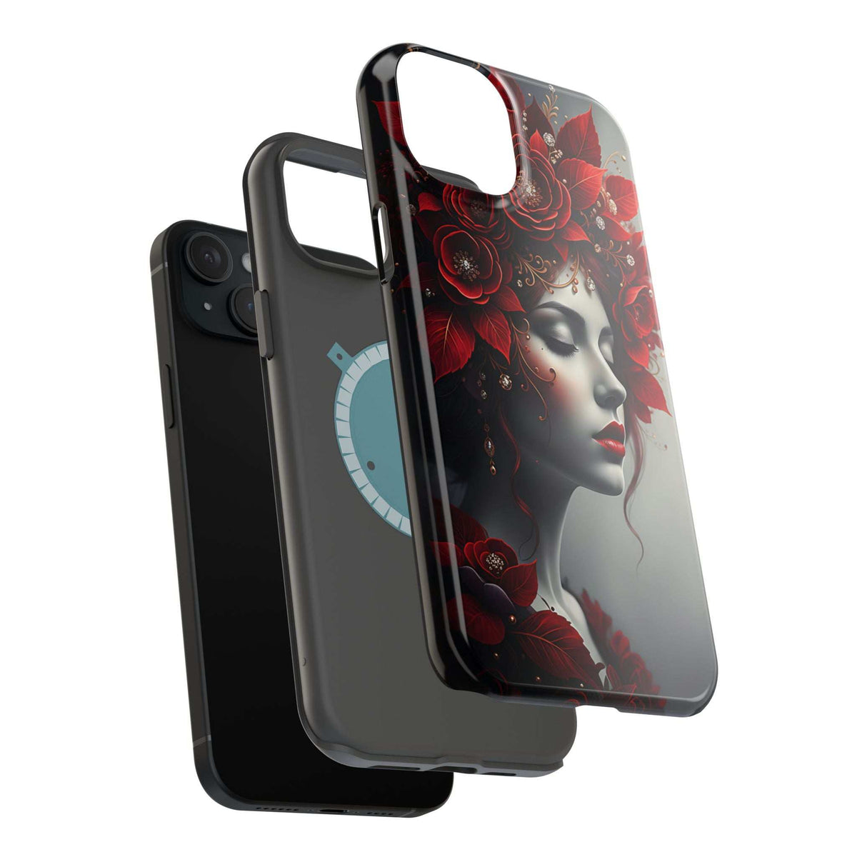 Portrait phone case with red flower design and girl face, black raised edges.