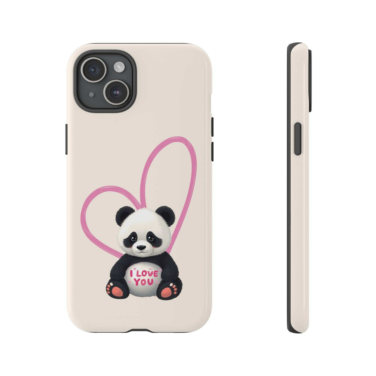 Beige phone case with panda in pink heart holding 'I LOVE YOU'; camera cutouts visible.