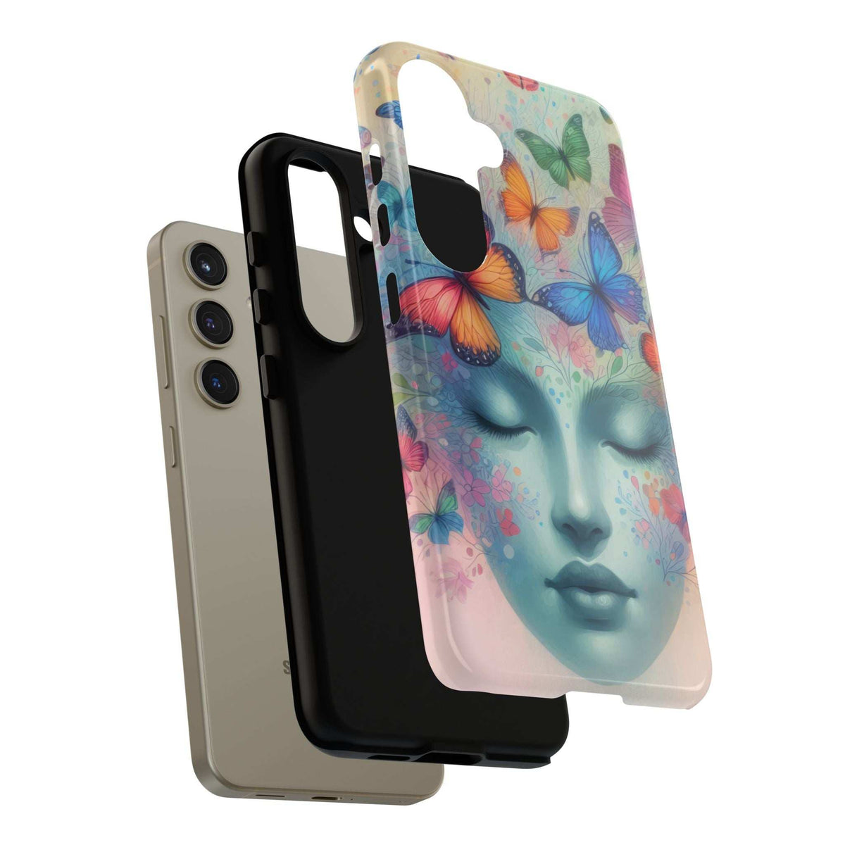 Phone case with butterfly-face artwork shown from side and front, clear edges and camera openings.