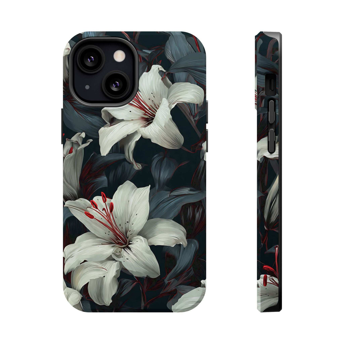 Phone case with white lily floral design, side view with dark leaves and red accents.