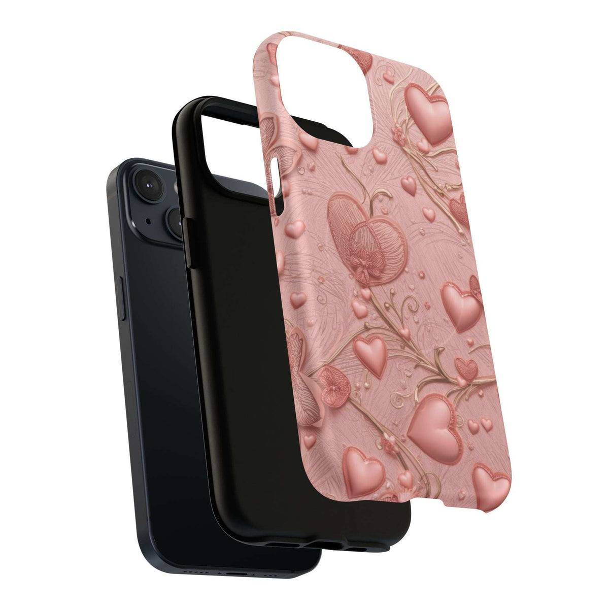 Pink phone case with 3D hearts and floral vines, showing camera and flash openings