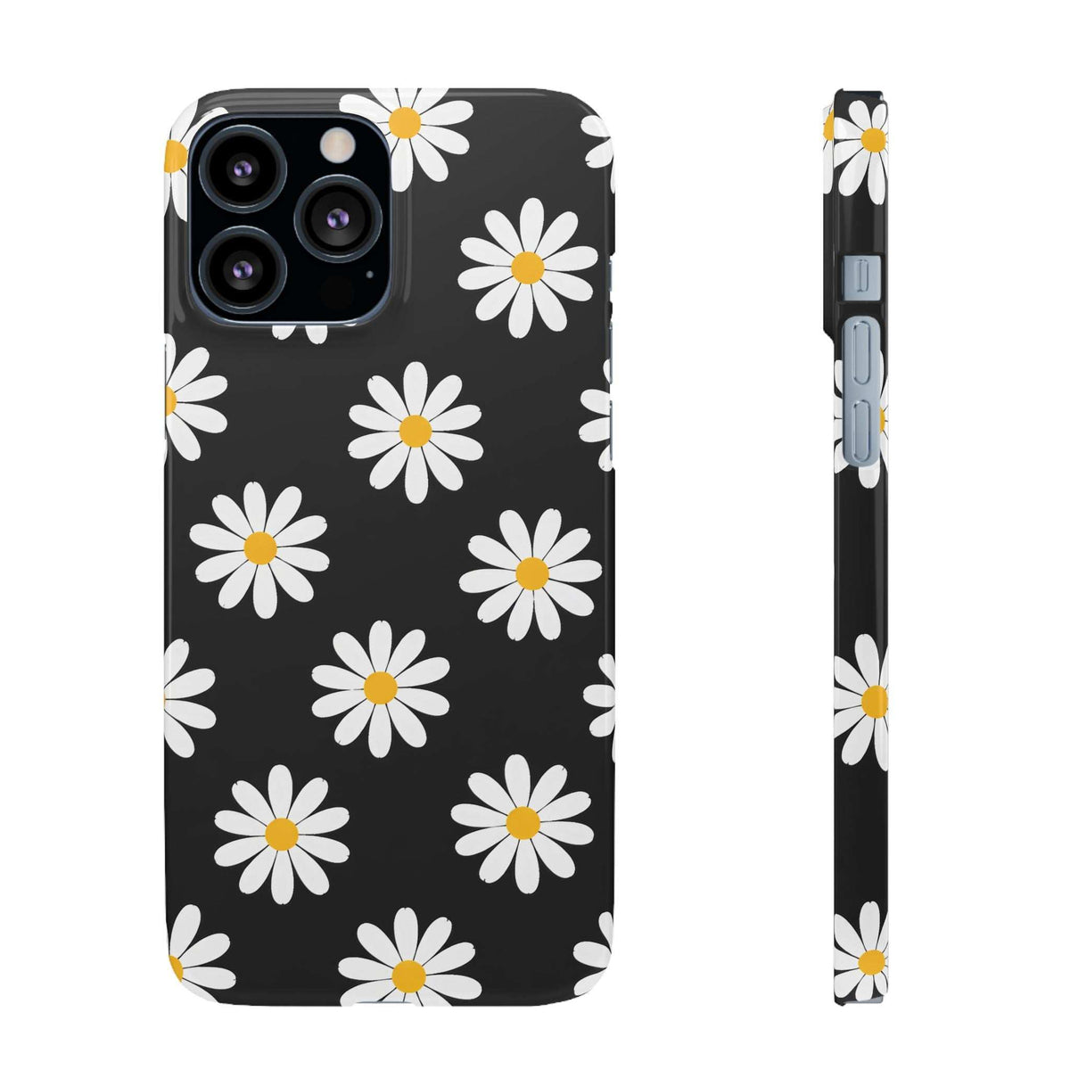Black phone case with white daisies and yellow centers, front view and thin side profile.