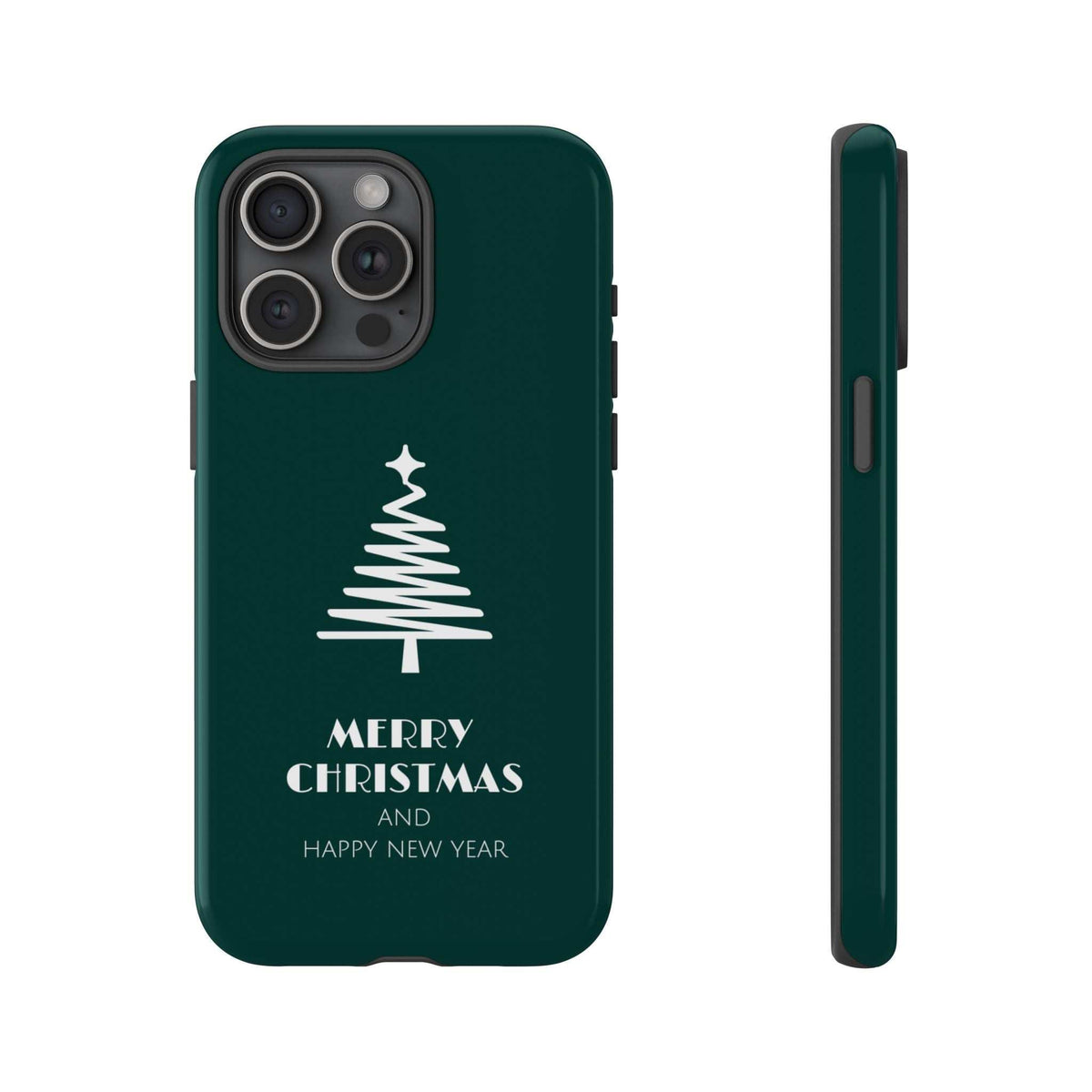 Dark green glossy phone case front with Christmas tree, 'Merry Christmas' and 'Happy New Year'