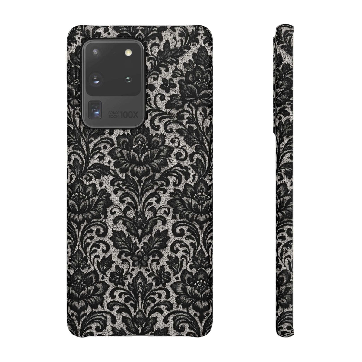 Black damask floral phone case with textured damask pattern and camera cutout