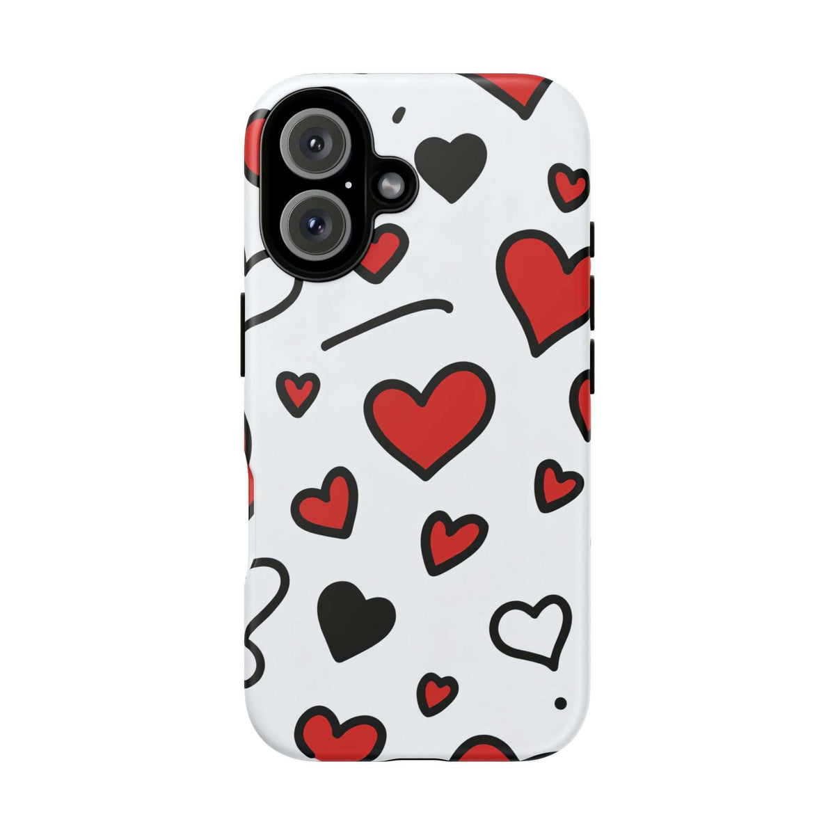 Heart-pattern phone case with red and black hearts on white; camera cutout