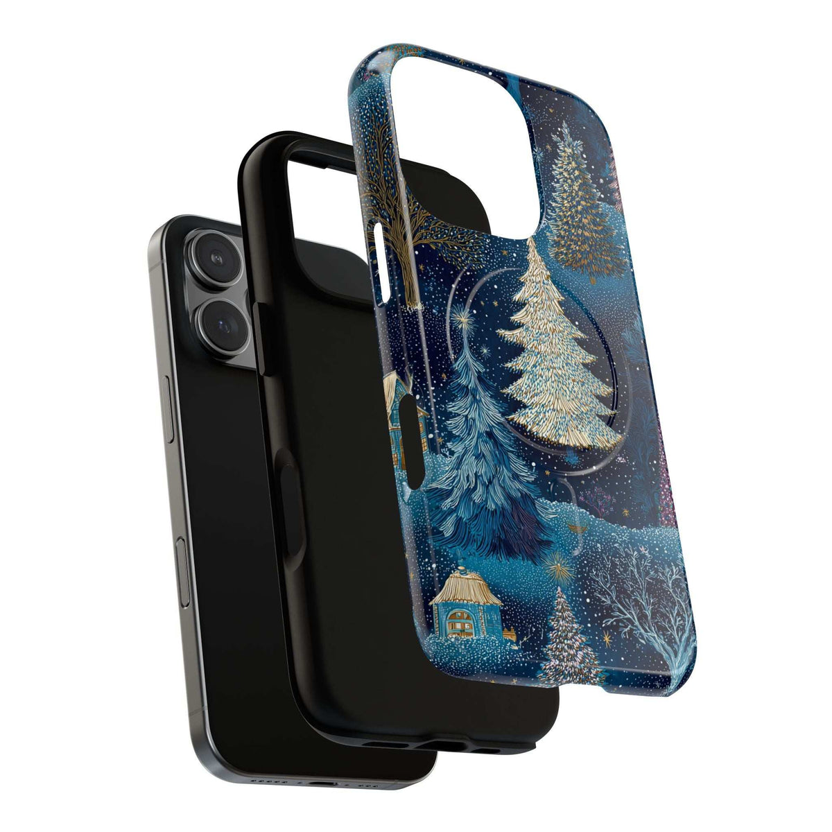 Glossy blue phone case with gold evergreen, blue feather centerpiece, and glittery highlights