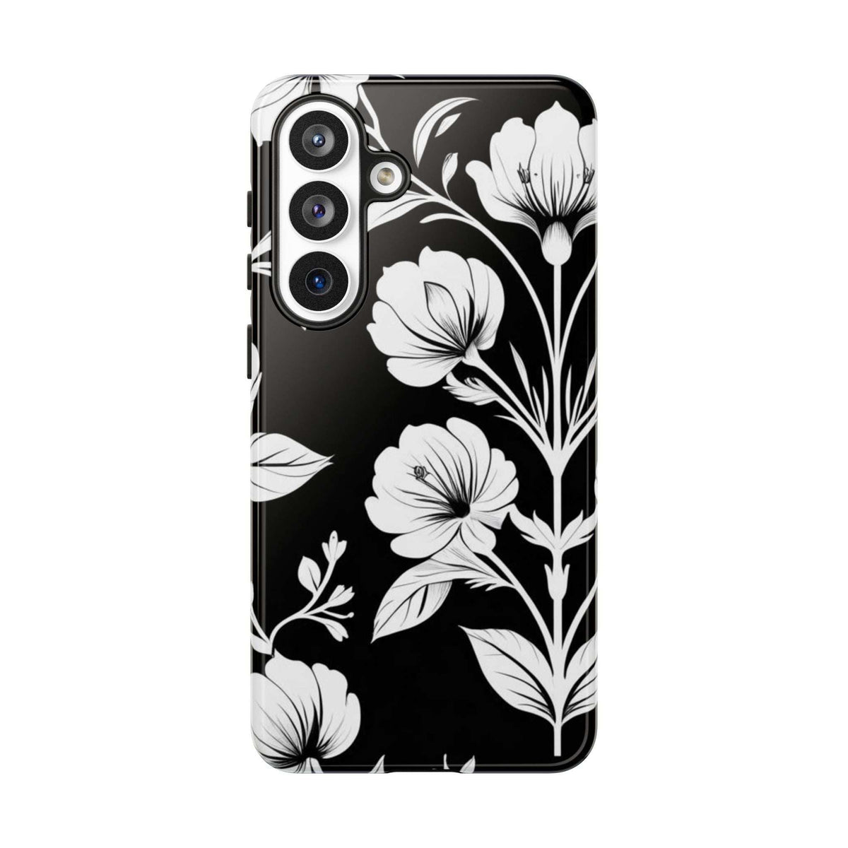 Phone case with white flowers over dark background and side grip cutout