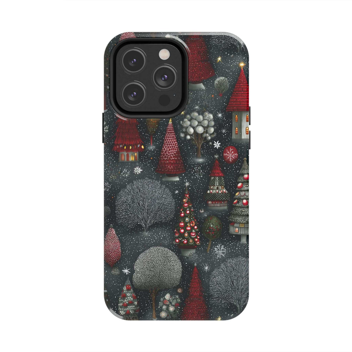 Frosted phone case with dark snowy woodland village print, red trees, and holiday ornaments