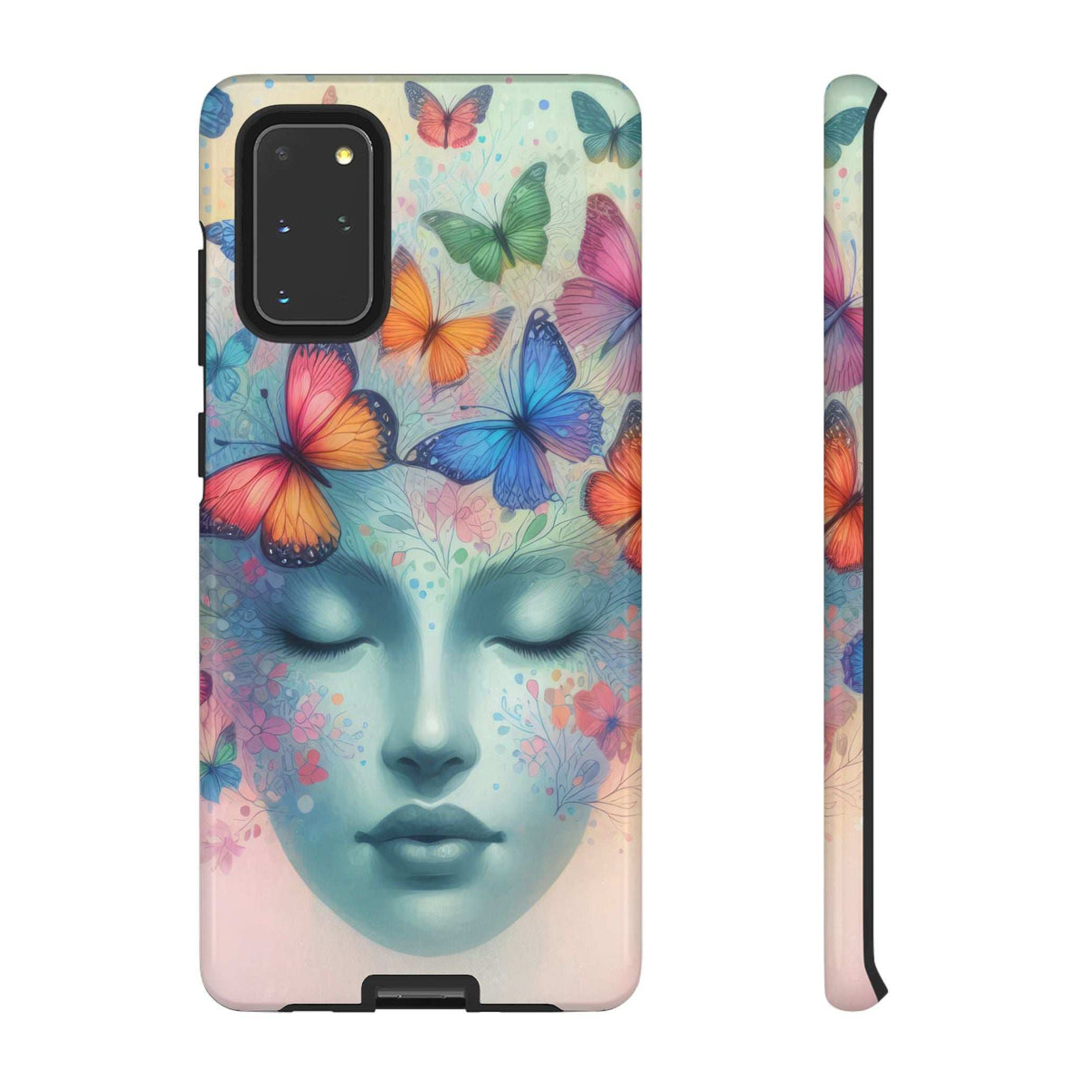 Phone case with colorful butterfly face illustration and camera cutouts, front view