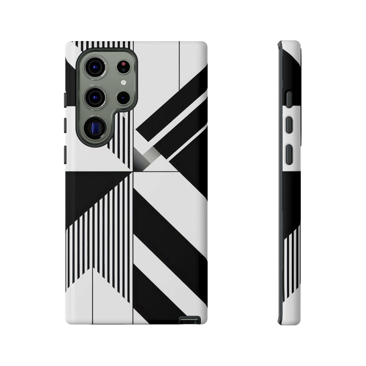 Tough phone case with black-and-white geometric pattern and camera lens cutouts