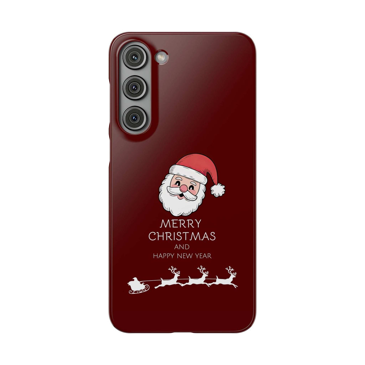 Glossy crimson phone case with Santa face and sleigh holiday graphic, rear camera array
