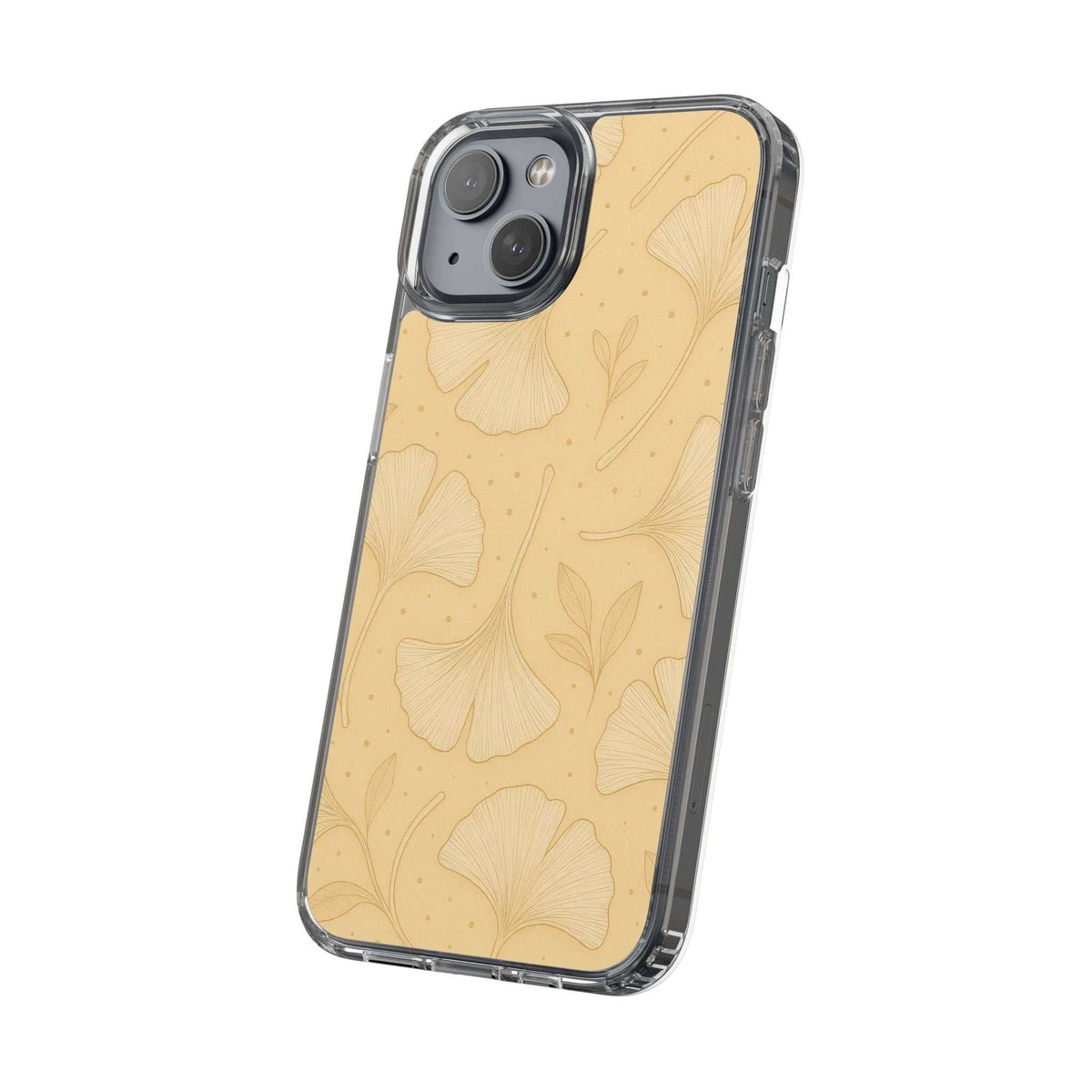 Yellow ginkgo floral phone case with clear edges and triple camera cutout