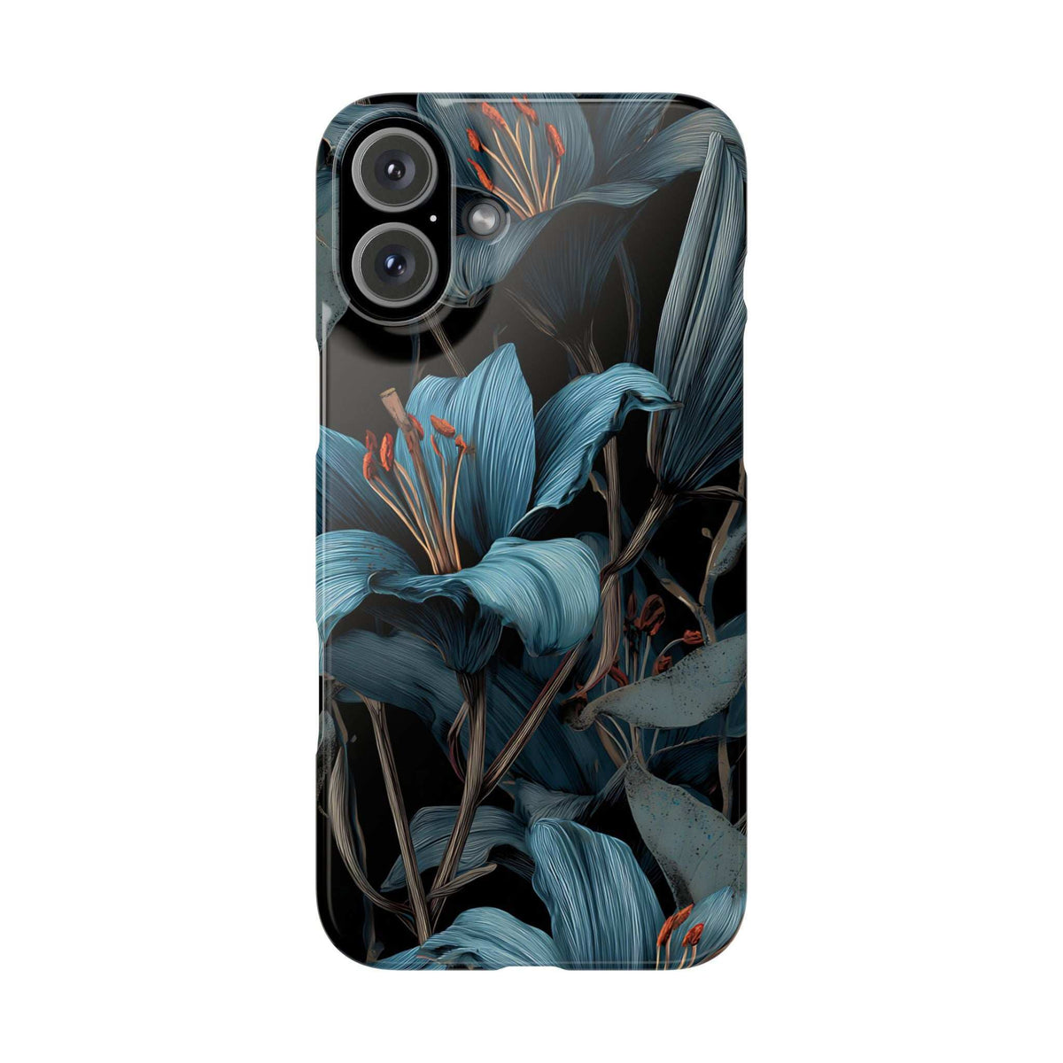 Blue lily floral phone case, back view highlighting blue flowers and leaves