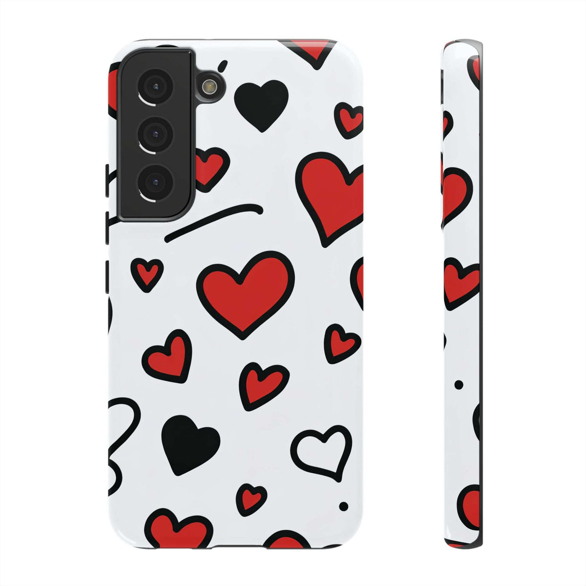 White phone case with scattered hearts in red, black, and outline hearts; camera module cutouts