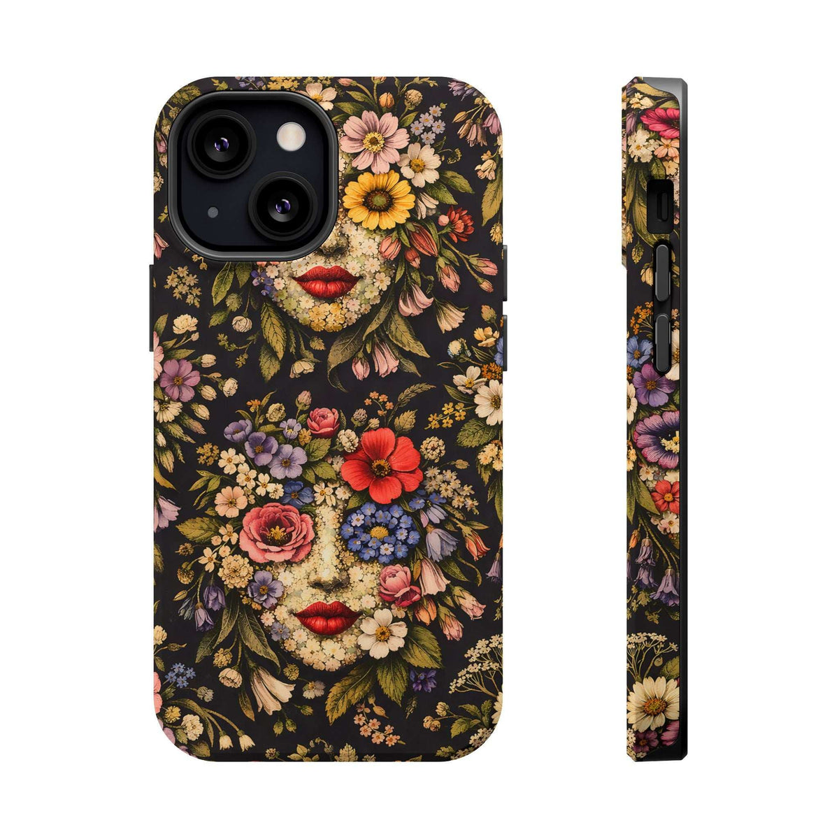 iPhone 13-17 phone case front and side view, floral face motif on dark background