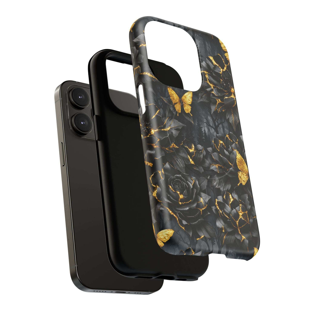 Black phone case with gold botanical artwork—rose, butterfly, and kintsugi-style crack accents.