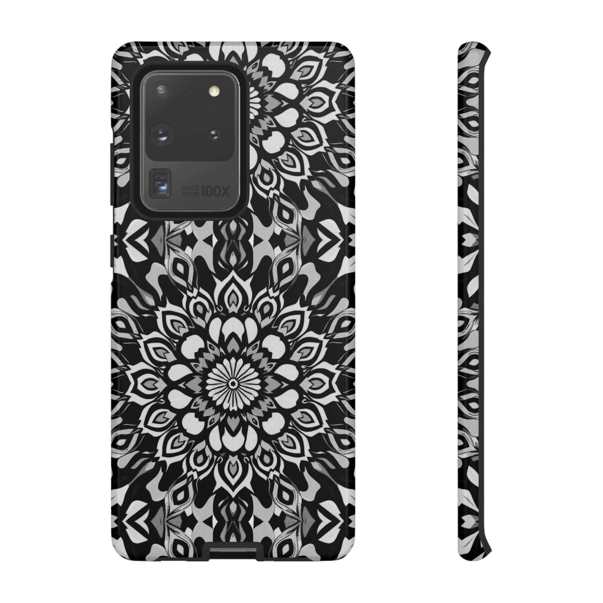 Mandala phone case with black-and-white mandala pattern, camera cutouts, and side buttons